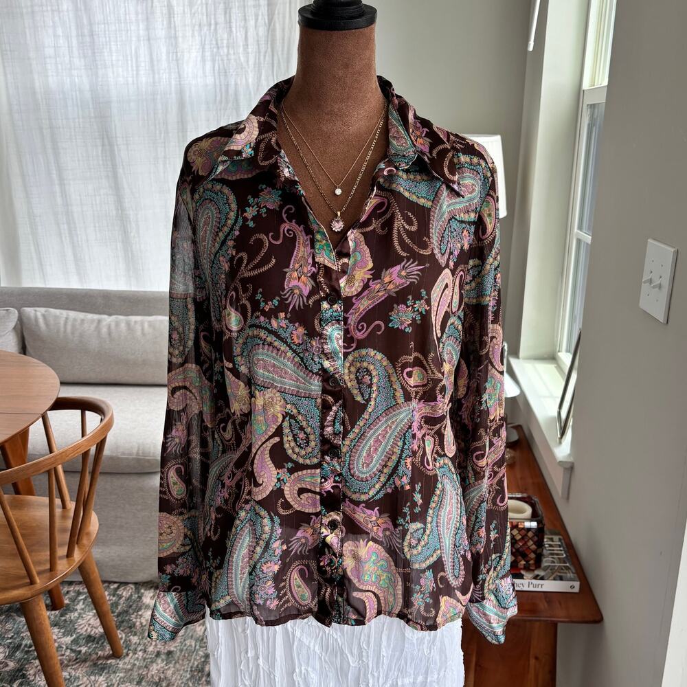 2000s Vintage No Boundaries Brown Metallic Paisley Top Sheer Y2K Junior's XL